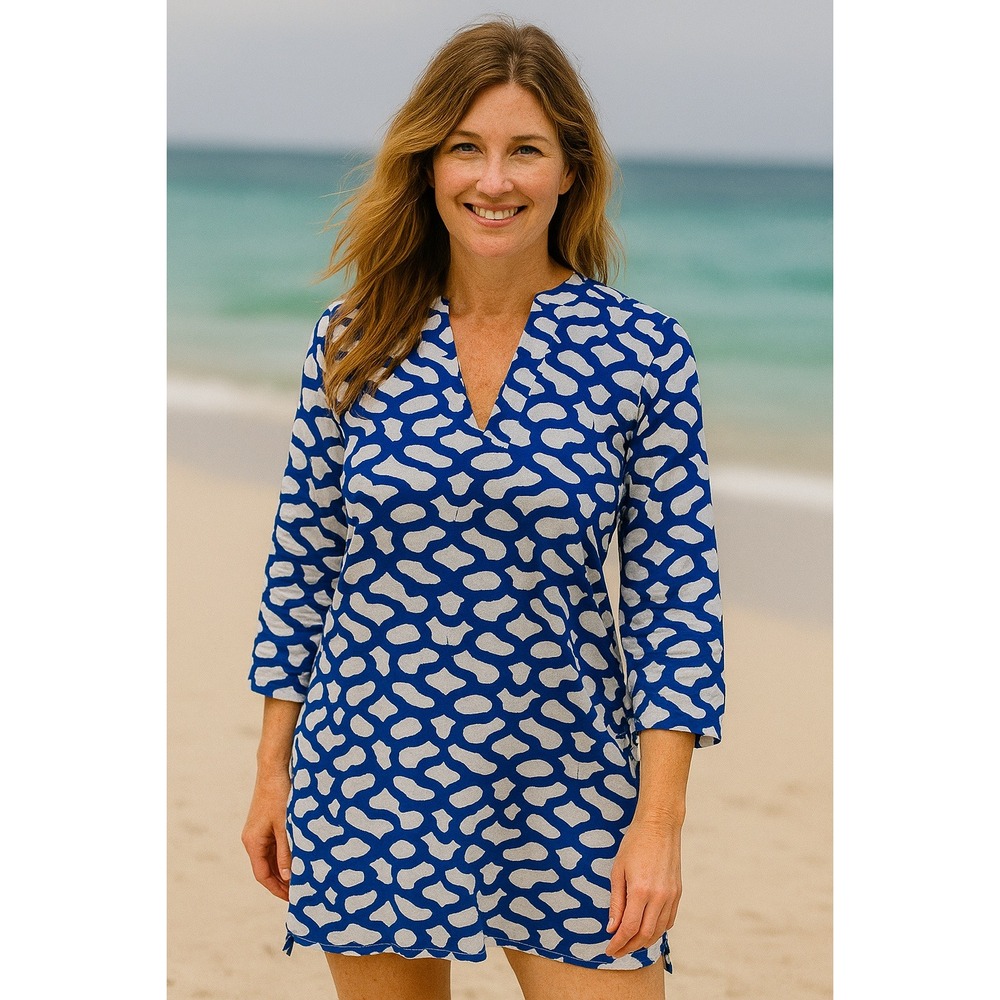 Roberta Roller Rabbit Top Womens XS Tunic Cobalt Blue Watercolor Art To Wear